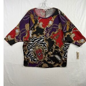 Ultra Teeze Baroque Sweater Top Women L  Animal Print Dolman Sleeve Scoop Neck